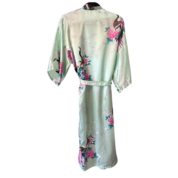 Silky Mint Green Kimono Robe W/ Floral & Peacock Print By Mei Yesi Da - Picture 2 of 4